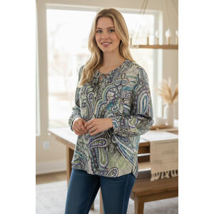 Chicos Top Women M Turquoise Paisley Cottage Core Colorful Bohemian Causal Boho